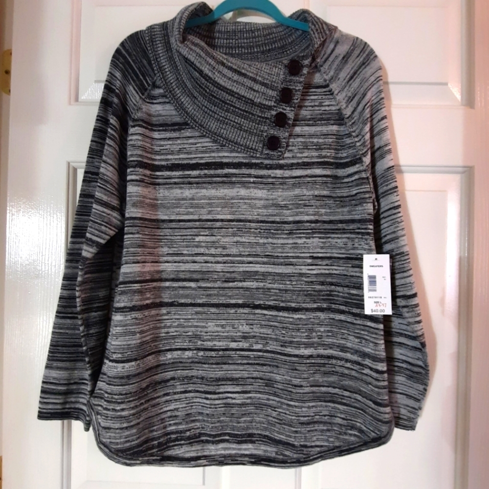 Great Northwest Indigo Sweater; Side Button Cowl Collar; Black & Gray